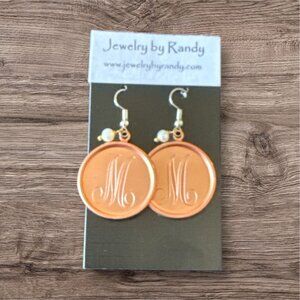 Jewelry by Randy Copper Disc Earrings Personalized with M Pearl Hook Earrings